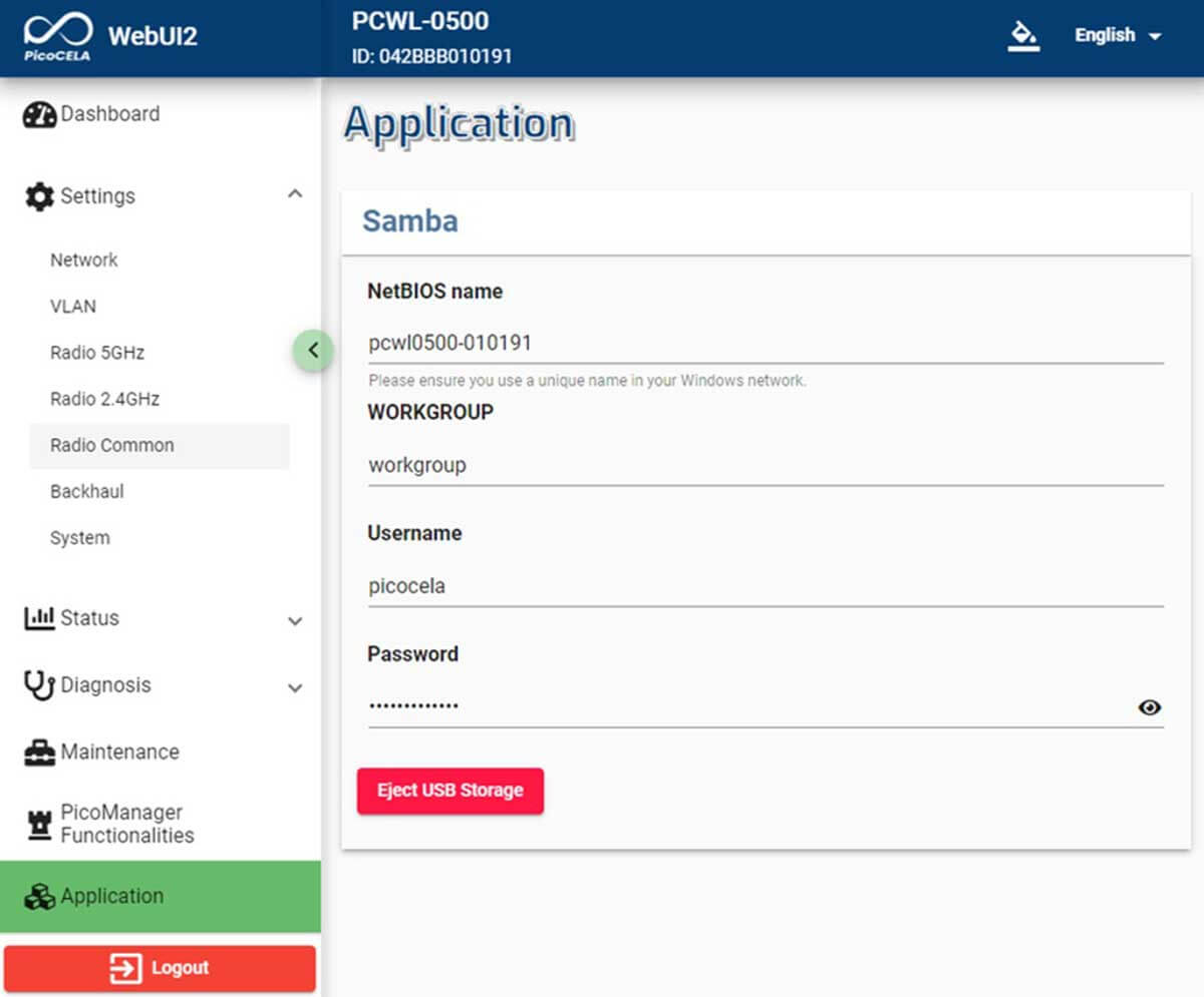 Access the web UI of the PCWL-0500 and configure various settings from the Applications to Samba page.